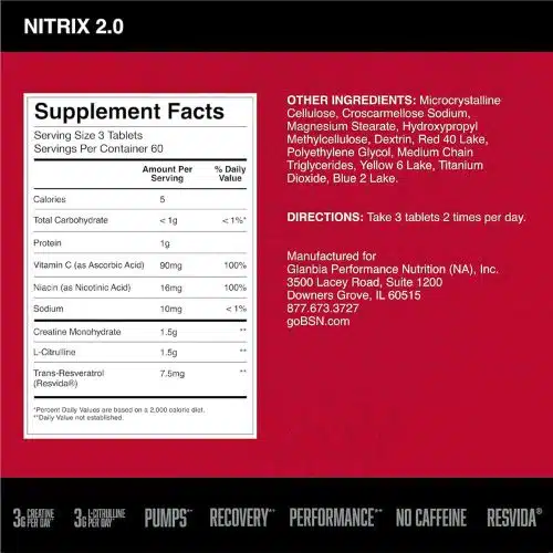 Bsn Nitric Oxide Tablet Supplement facts