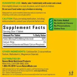 Nature Made Folic Acid 400 mcg Tablet Supplement Facts