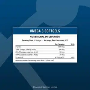 Applied Nutrition Omega 3 with Vitamin E – 1000mg Fish Oil, 180mg EPA & 120mg DHA – Heart, Brain & Vision Support – 100 Softgels